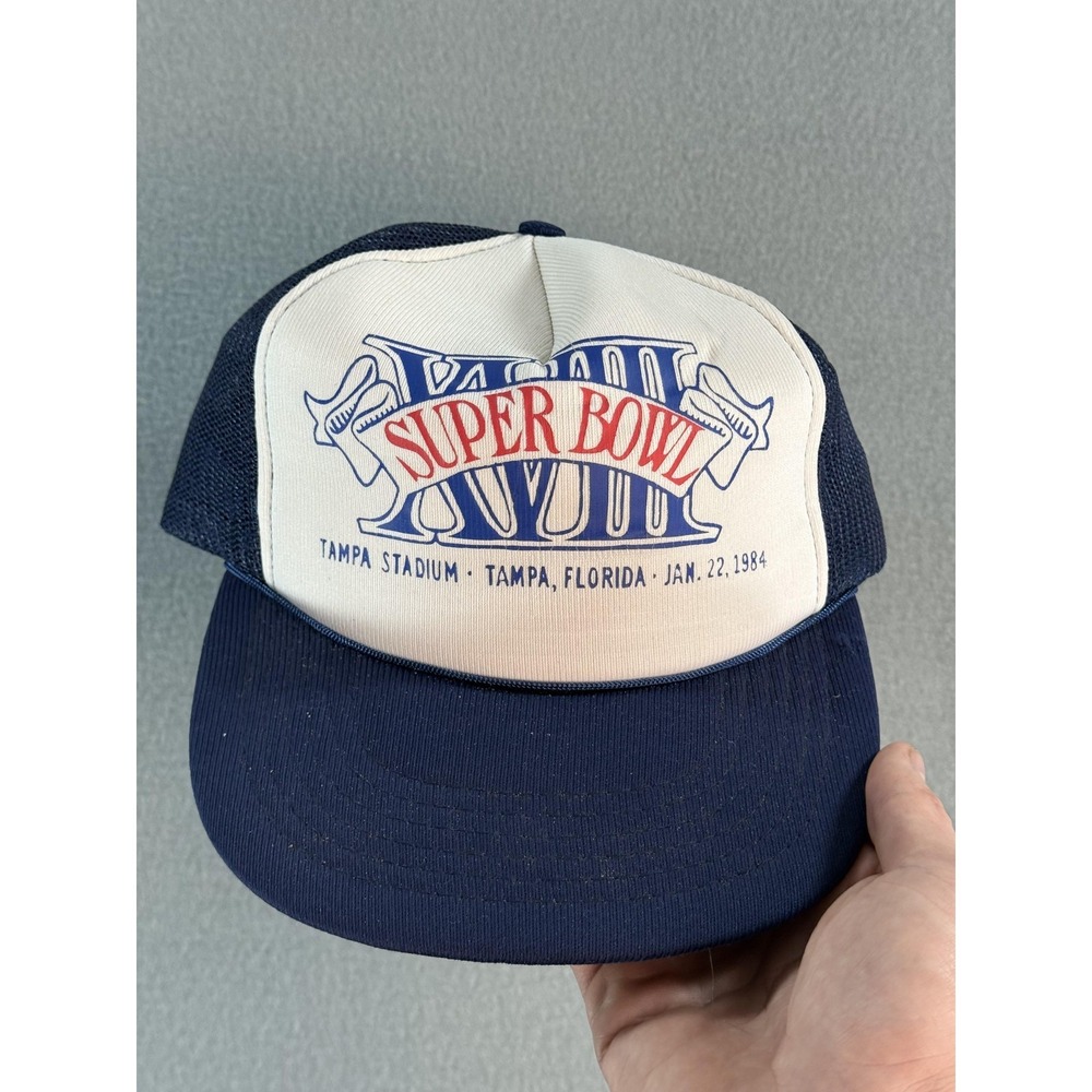 Vintage Super Bowl XVIII Trucker Hat Cap Snap Back Mens Blue NFL Football AJD